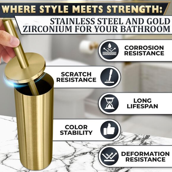 Gold Stainless Steel Toilet Brush and Holder Set Replaceable Head Dense Bristles - Picture 3 of 9